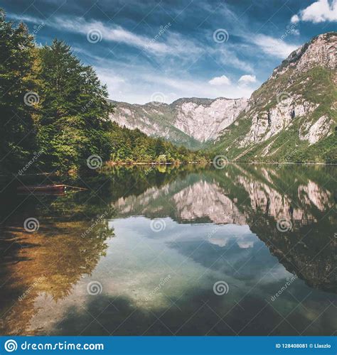 Lake Bohinj Landscape With Lake And Mountain On Background Stock
