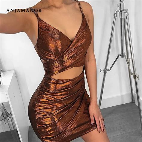 Anjamanor Lurex Glitter Deep V Cutout Bodycon Bandage Mini Dress Sexy