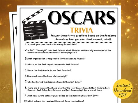 Oscars Party Trivia Game Oscars Party Game Printable Academy Awards