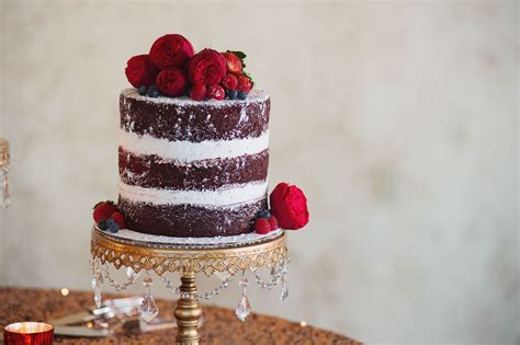 Chocolate Naked Wedding Cake With Red Garden Roses