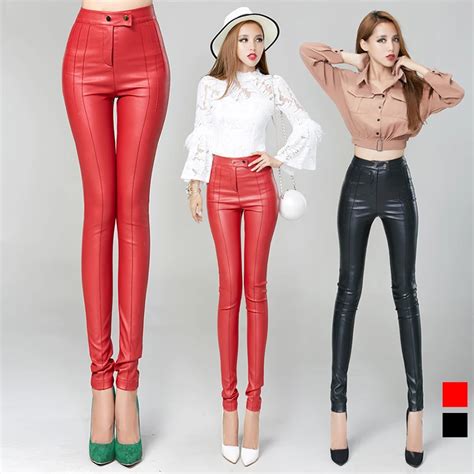 buy pu leather trousers red women 2015 2 buckles tight hip slim high waist pu