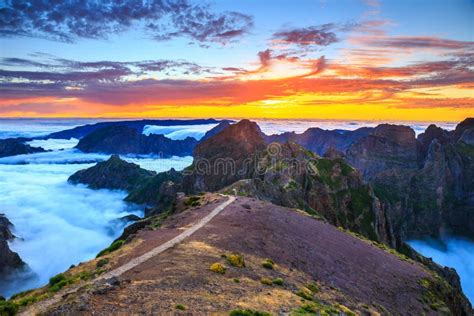 Beautiful Sunset Over The Mountains Madeira Stock Photo Image Of