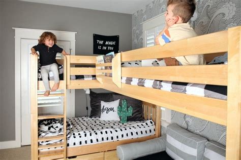 We combined a bunk bed + loft bed in a unique l shape, designed to fit perfectly in the corner of a bedroom. Room Reveal! Corner Bunk Beds add Space to Shared Boys ...
