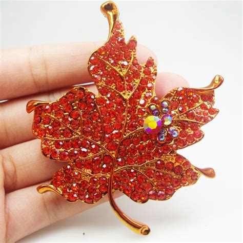 silver tone elegant maple leaf red rhinestone crystal woman vintage brooch pin in brooches from