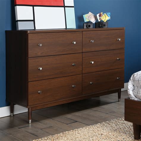 South Shore Olly Mid Century Modern 6 Drawer Double Dresser Brown