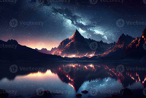 Starry Night Landscape With Mountain And Milky Way Sky Background