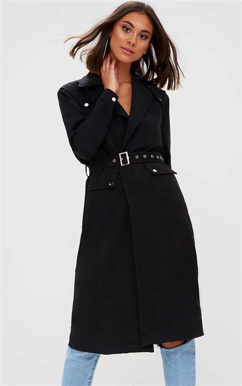 Black Longline Belted Trench Coat Coats And Jackets Prettylittlething Uae