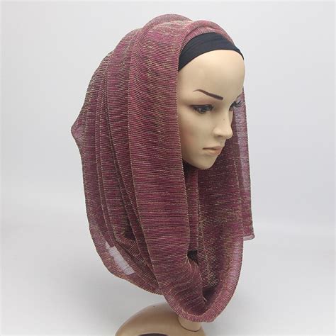 Women Gold Thread Wrinkled Muslim Veil Hijab Large Size Popular Solid Elastic Scarves Girl Cozy
