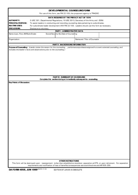 Da Form 4856 Developmental Counseling Form 1999 Printable Pdf Download