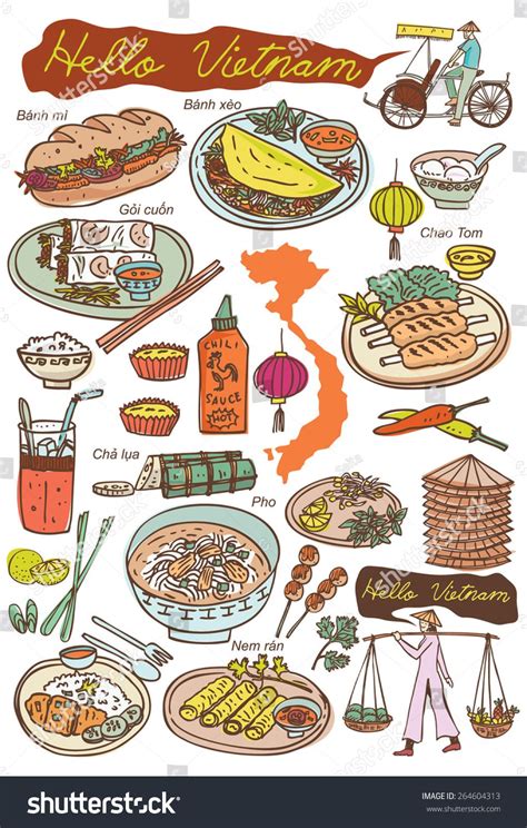 Set Of Vietnamese Food And Icons Doodles Vector Nhật Ký Nghệ Thuật