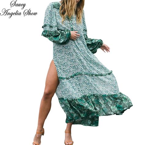 Saucy Angelia Women Summer Dress Sexy Cut Long Maxi Green Print Bohemian Vestidos Robe Femme