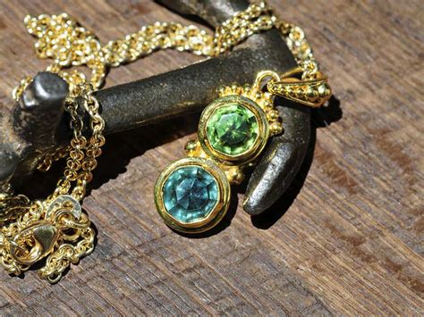 Green Tourmaline And Blue Tourmaline Gold Pendant Gold Handmade