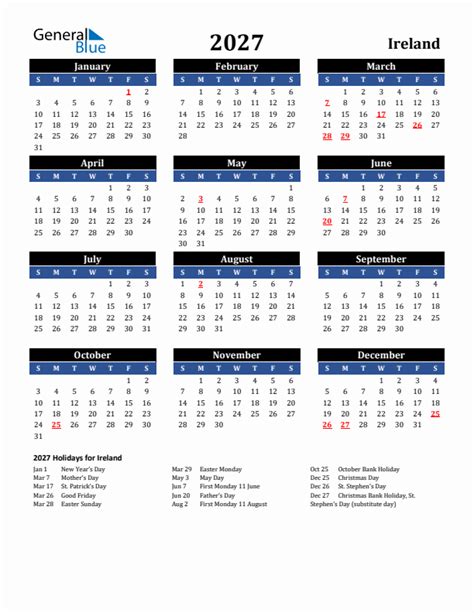 2027 Ireland Calendar With Holidays