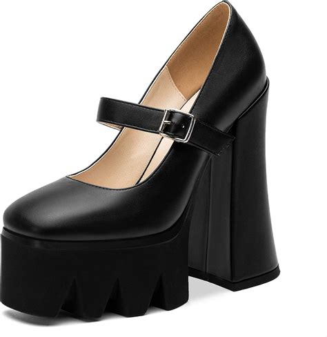 Zuqin Women Chunky High Heel Mary Janes Platform Shoes Black Round Toe