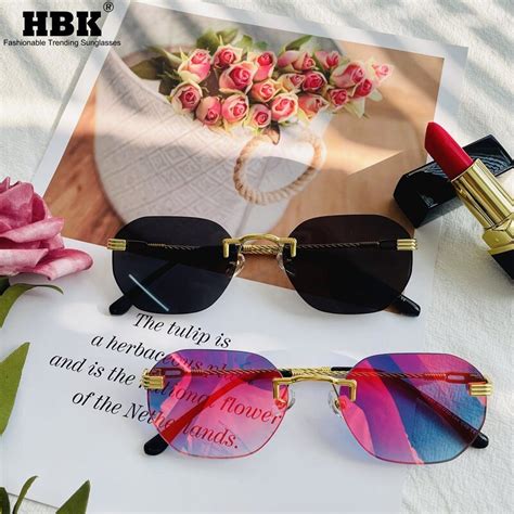hbk square high quality rimless sunglasses women s fashion luxury red mirror lens metal frame