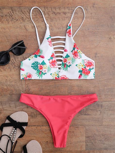 Off Floral Strappy Padded Bikini Rosegal