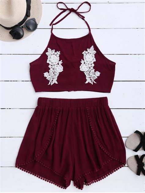 Check spelling or type a new query. 28% OFF 2021 Lace Floral Halter Crop Top And Shorts In ...