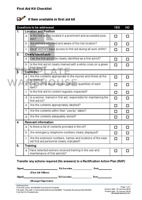 Template sample > templates > warehouse safety inspection checklist template. GA-08-003 First Aid Kit Checklist - Template Warehouse
