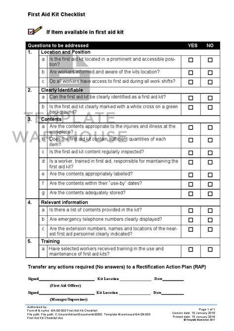 Every family needs to check out their first aid kit checklist periodically to make sure they have all necessary first aid supplies on hand because accident or illness will strike. GA-08-003 First Aid Kit Checklist - Template Warehouse