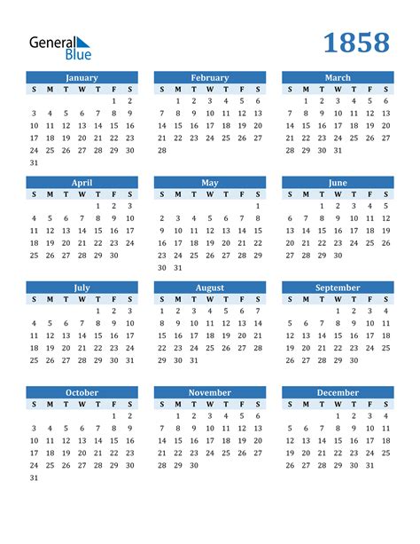 1858 Calendar Pdf Word Excel