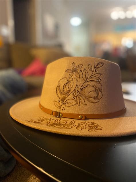 Wide Brim Hat With Burned Floral Design Custom Made Made Etsy