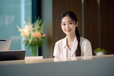 Premium Ai Image Young Asian Woman Is A Receptionist In The Lobby Of Hotel