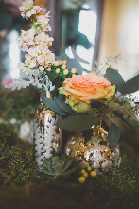 Peach Flowers And Moss In Mercury Glass Vases Elizabeth Anne Designs