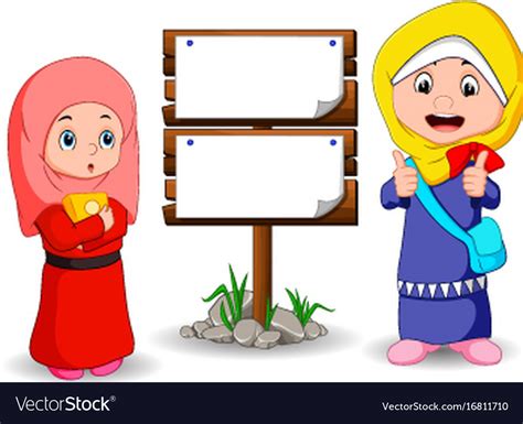 Muslim Kids Cartoon With Wooden Sign Royalty Free Vector