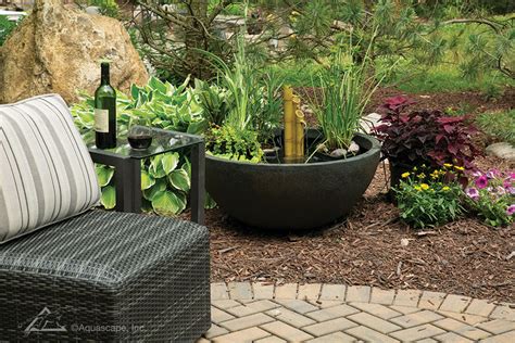 Customize your patio pond by adding a fountain spitter, aquatic plants, and small fish like rosy reds. Patio Ponds, Patio Pond, Patio Water Garden | Aquascape