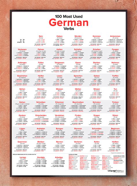 100 Most Used German Verbs Poster W Study Guide