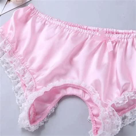 2018 Gay Mens Lingerie Briefs Sissy Satin Panties Soft Shiny Ruffled Floral Lace Trim Open