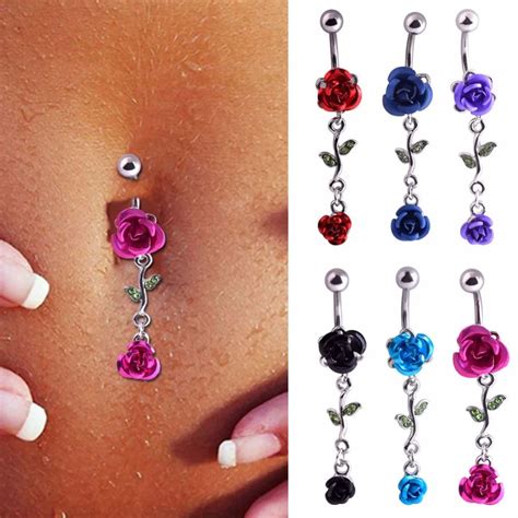 1pc Fashion Rhinestone Double Rose Dangle Belly Button Navel Rings Bar Surgical Piercing Sexy