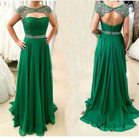 2016 Emerald Green Prom Dresses Long Beaded Cap Sleeves Keyhole