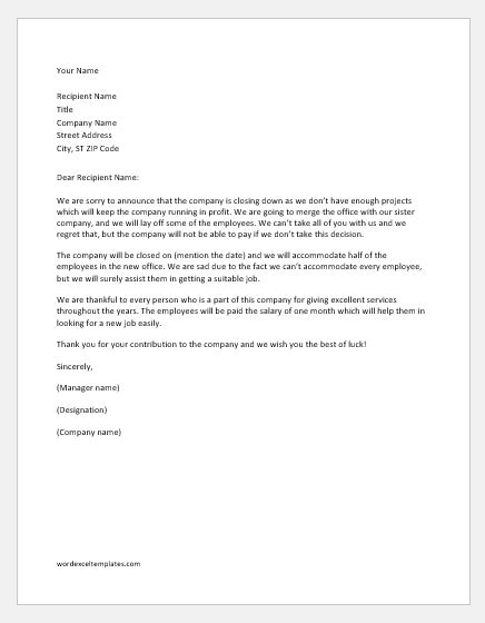 Workplace Closing Letter To Staff Word And Excel Templates