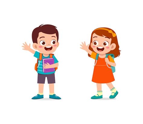 Premium Vector Little Kid Say Hello To Friend And Go To School Together