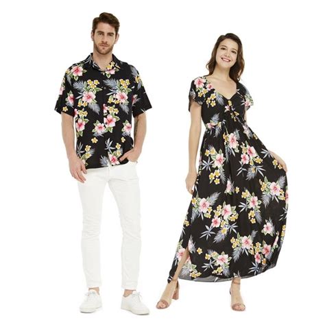 Couple Matching Hawaiian Luau Aloha Shirt Maxi Ruffle Sleeve Dress In