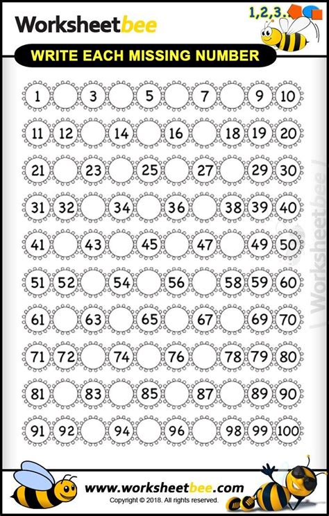 Write Each Missing Number 1 100 Printable Worksheet For Kids About To