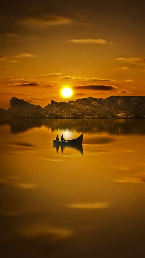 2160x3840 Boat Evening Lake Sunset Silhouette Reflection Sunset Sony