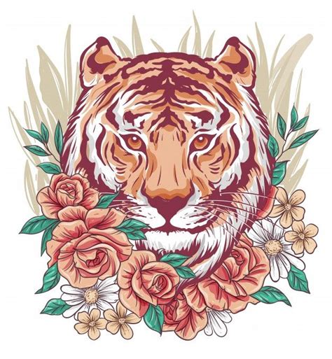 Awesome Tiger Face Mixed With Flowers Tiger Art Tiger Illustration