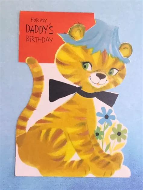 Vintage 1960s Birthday Greeting Card Die Cut Kitten Cute 60s Art Used