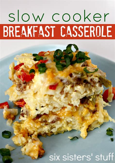 Pour egg mixture over the ingredients in the crockpot. Slow Cooker Sausage Breakfast Casserole | Six Sisters' Stuff