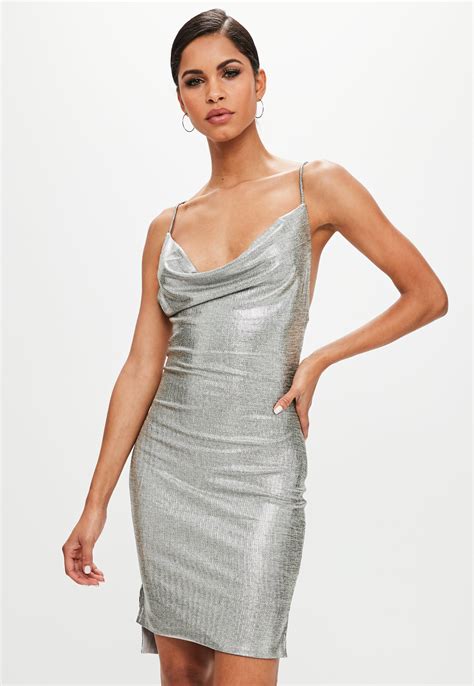 Missguided Synthetic Silver High Shine Cowl Metal Effect Mini Dress In