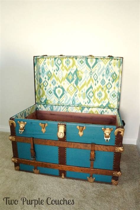 Measure the distance between the center ledger and the bottom of the trunk, and mark with chalk. Steamer Trunk Makeover - two purple couches | Trunk makeover, Vintage trunks, Steamer trunk makeover