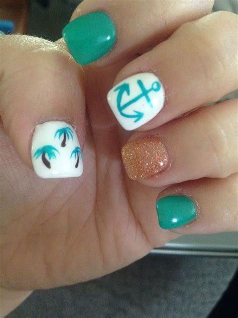 Real Beach Nails With Gold Accent Palm Tree Design And Anchor Nail