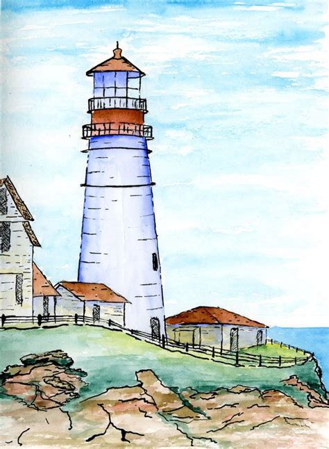 Original Pen Ink And Watercolor Portland By Vintagevantageshop 8 50 Lighthouse Painting