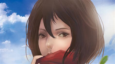 Attack On Titan Mikasa Ackerman With Red Scarf And Brown Hair With