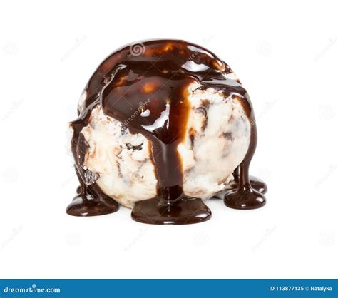 Ball Creamy Chocolate Ice Cream With Chocolate Syrup Isolated On Stock