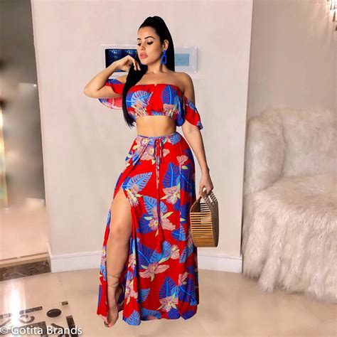 Womens Two Piece Skirt Set Floral Print Summer Fashion Red Dress