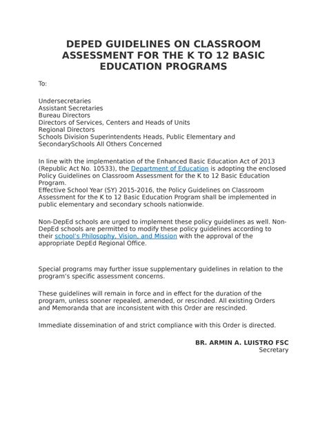 Deped Guidelines On Classroom Assessment For The K To 12 Basic