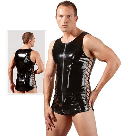 Men Sexy Shiny PVC Faux Leather Bodysuit Sexy Vest Zipper Open Black